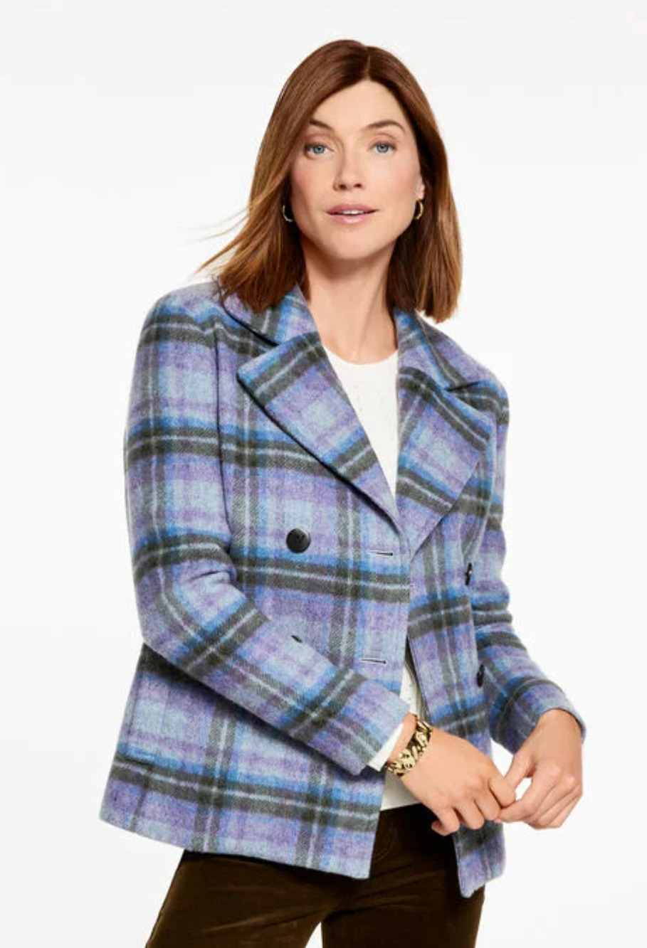 TALBOTS PURPLE PLAID FESTIVAL PLUSH WOOL BLEND DOUBLE BREASTED COAT PEACOAT SZ X